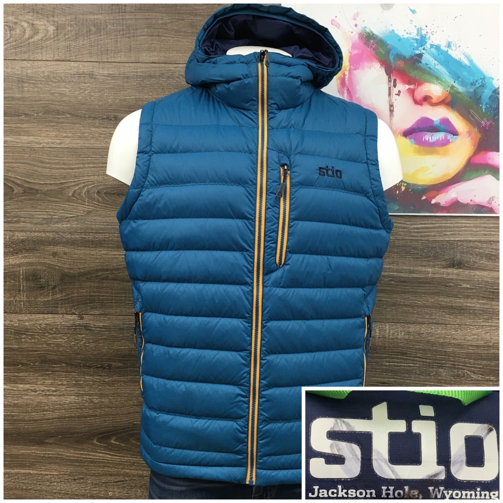 Stio Hometown Down Hooded Vest Mens Large Blue Goose Down Puffer Pertex Shell
